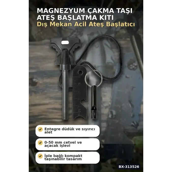 SOS Düdüklü 4x11 cm Magnezyum Çakmaktaşı Ateş Başlatma Kiti - Kampçılık BX-313526