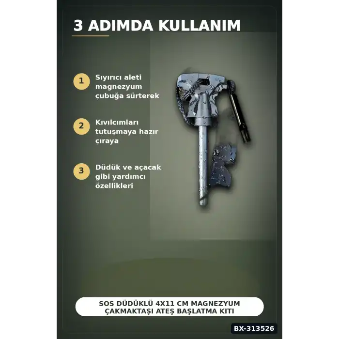 SOS Düdüklü 4x11 cm Magnezyum Çakmaktaşı Ateş Başlatma Kiti - Kampçılık BX-313526