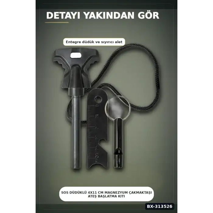 SOS Düdüklü 4x11 cm Magnezyum Çakmaktaşı Ateş Başlatma Kiti - Kampçılık BX-313526
