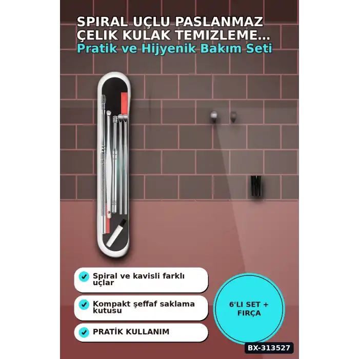 Spiral Uçlu 6lı Paslanmaz Çelik Kulak Temizleme Seti - Taşınabilir Bakım Aleti BX-313527