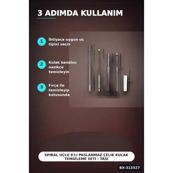 Spiral Uçlu 6lı Paslanmaz Çelik Kulak Temizleme Seti - Taşınabilir Bakım Aleti BX-313527
