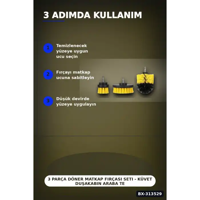3 Parça Döner Matkap Fırçası Seti - Küvet Duşakabin Araba Tekerlek Koltuk Temizlik Aparatı BX-313529
