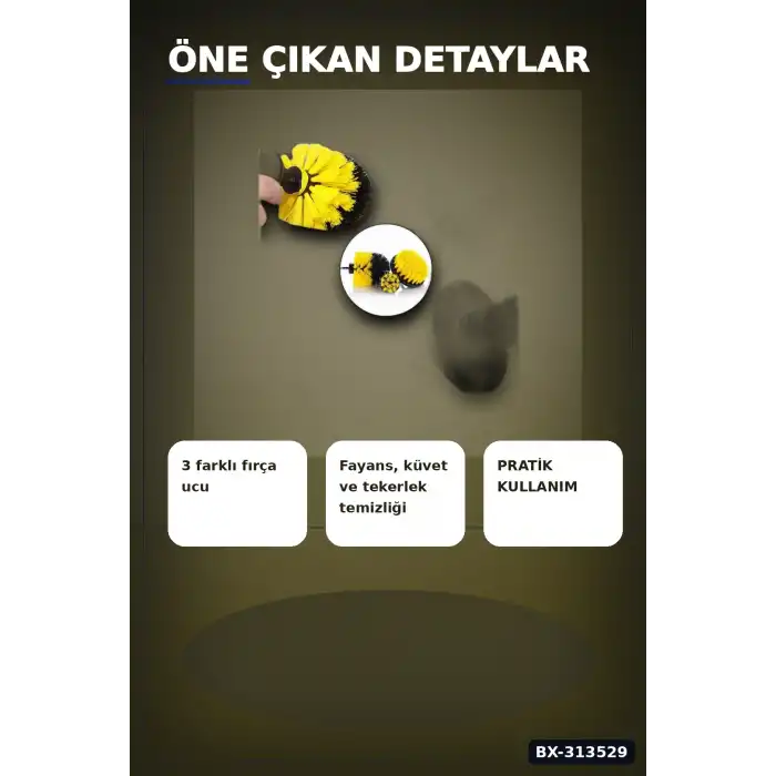 3 Parça Döner Matkap Fırçası Seti - Küvet Duşakabin Araba Tekerlek Koltuk Temizlik Aparatı BX-313529