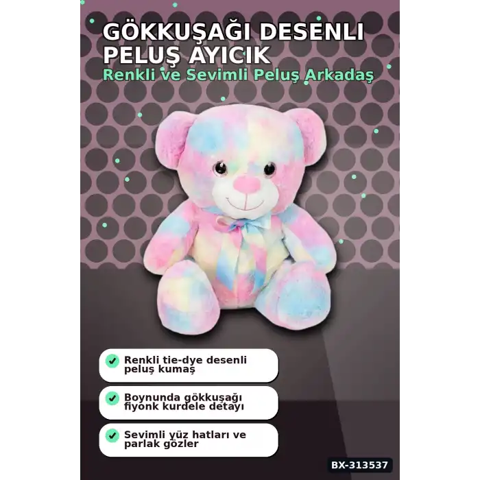 Yumuşak Peluş Oyuncak Gökkuşağı Desenli Ayıcık 45 cm Sevimli Hediye İçin Tekli BX-313537