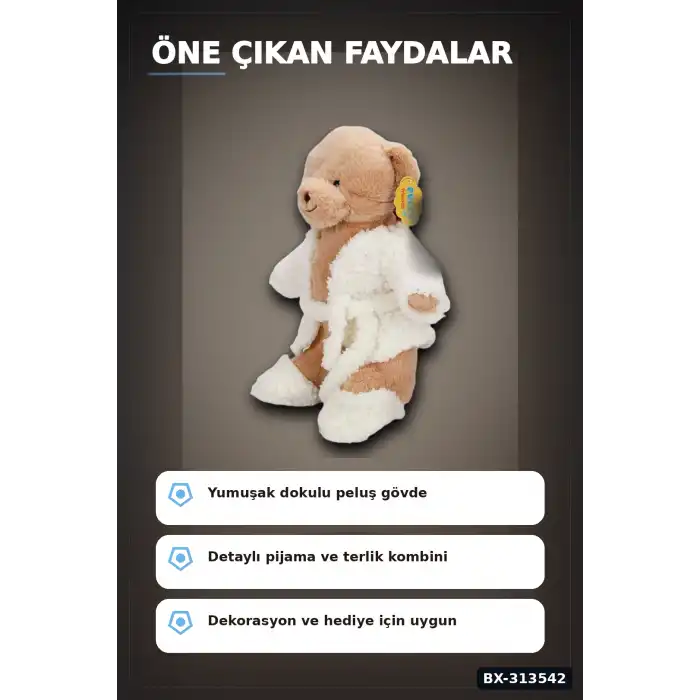 Pijamalı 40 cm Yumuşak Peluş Ayıcık - Sevimli Uyku Arkadaşı Hediye Oyuncağı BX-313542
