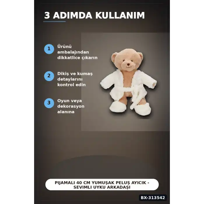 Pijamalı 40 cm Yumuşak Peluş Ayıcık - Sevimli Uyku Arkadaşı Hediye Oyuncağı BX-313542