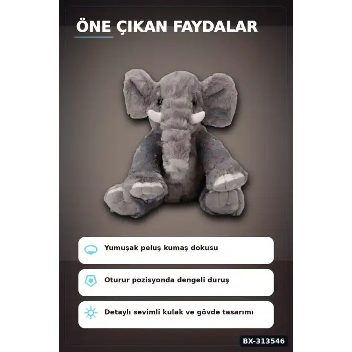 Peluş Fil Oyuncak 30 cm Yumuşak Dolgulu - Tekli Paket, Bebek ve Çocuk İçin Renk Seçenekli BX-313546