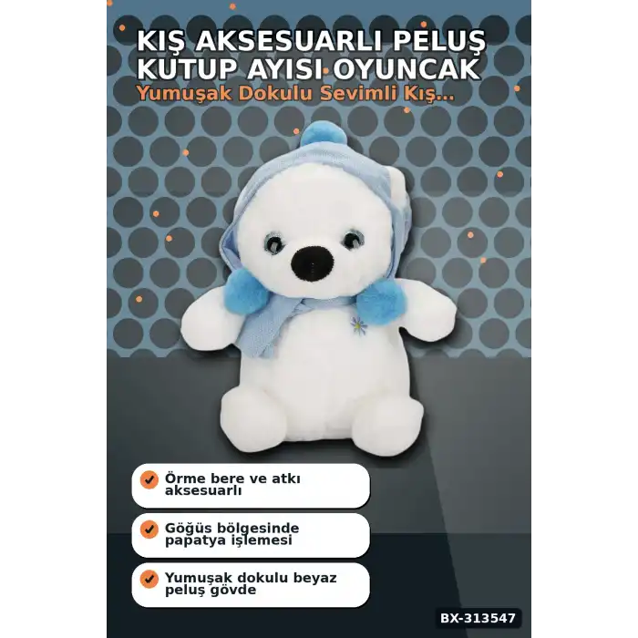 Kış Aksesuarlı 30 cm Yumuşak Peluş Kutup Ayısı Oyuncak, Çocuk Odası Hediyesi BX-313547
