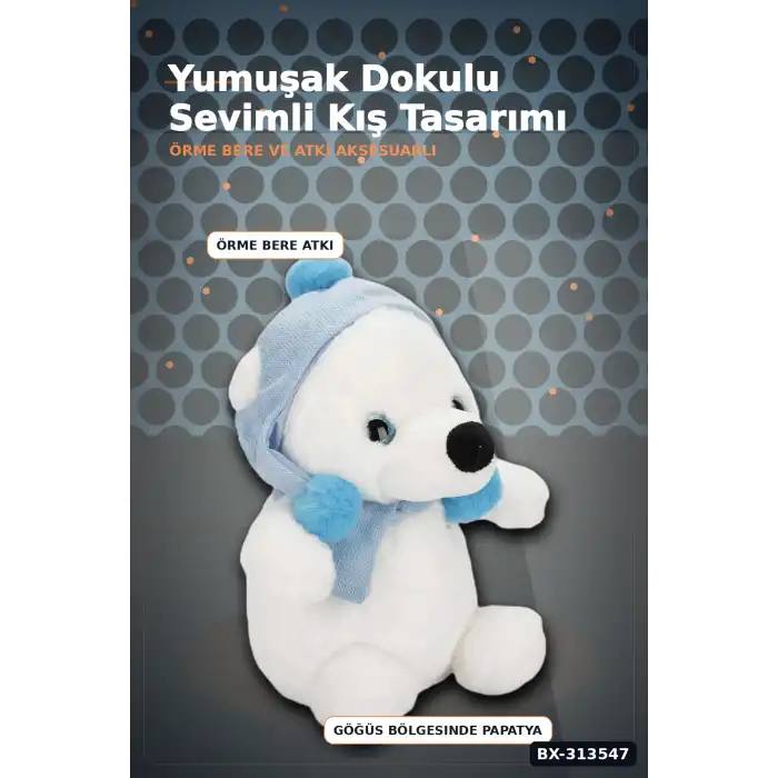 Kış Aksesuarlı 30 cm Yumuşak Peluş Kutup Ayısı Oyuncak, Çocuk Odası Hediyesi BX-313547