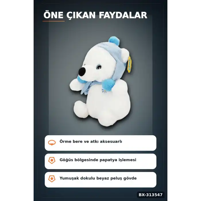 Kış Aksesuarlı 30 cm Yumuşak Peluş Kutup Ayısı Oyuncak, Çocuk Odası Hediyesi BX-313547