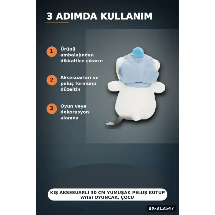Kış Aksesuarlı 30 cm Yumuşak Peluş Kutup Ayısı Oyuncak, Çocuk Odası Hediyesi BX-313547