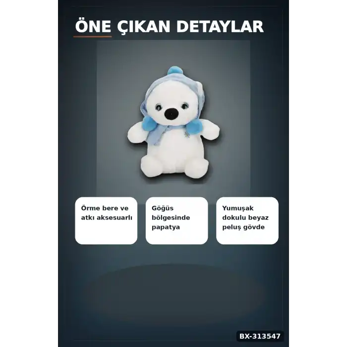 Kış Aksesuarlı 30 cm Yumuşak Peluş Kutup Ayısı Oyuncak, Çocuk Odası Hediyesi BX-313547
