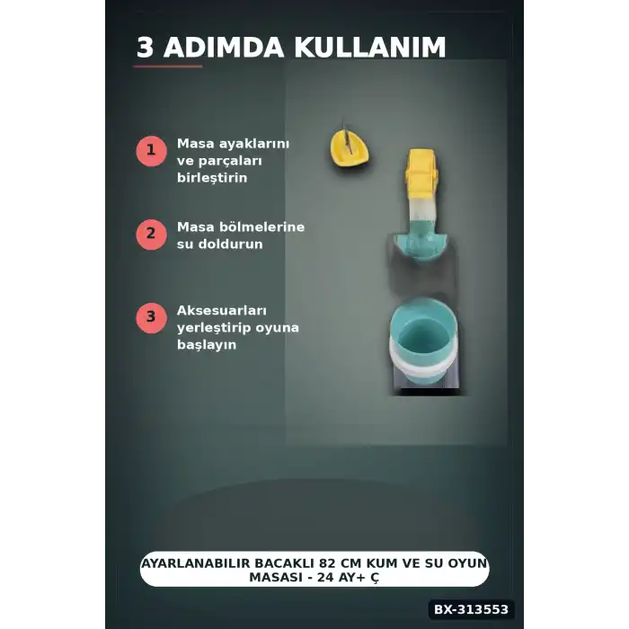 Ayarlanabilir Bacaklı 82 cm Kum Ve Su Oyun Masası - 24 Ay+ Çocuklar İçin Çift Bölmeli BX-313553