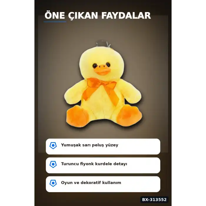 Yumuşak Tüylü 20 cm Ördek Peluş Oyuncak - Kurdeleli, Bebek ve Çocuk Hediyesi BX-313552