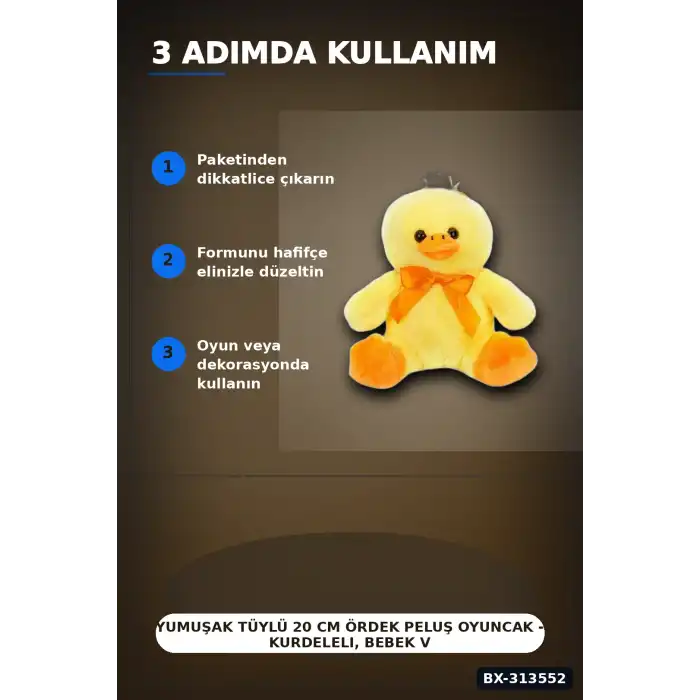 Yumuşak Tüylü 20 cm Ördek Peluş Oyuncak - Kurdeleli, Bebek ve Çocuk Hediyesi BX-313552