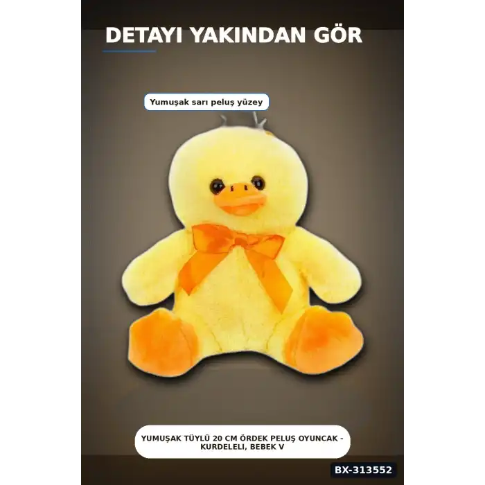 Yumuşak Tüylü 20 cm Ördek Peluş Oyuncak - Kurdeleli, Bebek ve Çocuk Hediyesi BX-313552