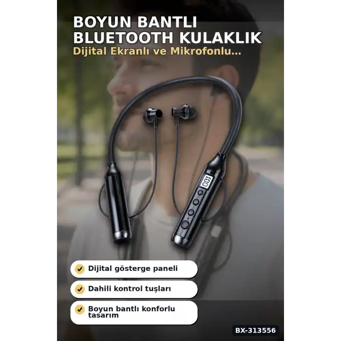 Boyun Bantlı 600 Saat Müzik Süreli Bluetooth V4.0 Kulaklık - Mikrofonlu Ses Kontrollü BX-313556
