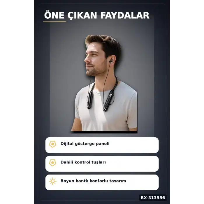 Boyun Bantlı 600 Saat Müzik Süreli Bluetooth V4.0 Kulaklık - Mikrofonlu Ses Kontrollü BX-313556