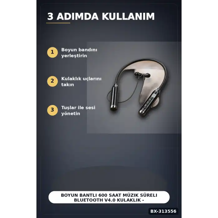 Boyun Bantlı 600 Saat Müzik Süreli Bluetooth V4.0 Kulaklık - Mikrofonlu Ses Kontrollü BX-313556