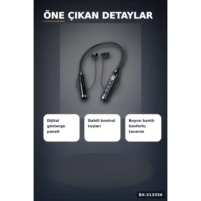 Boyun Bantlı 600 Saat Müzik Süreli Bluetooth V4.0 Kulaklık - Mikrofonlu Ses Kontrollü BX-313556