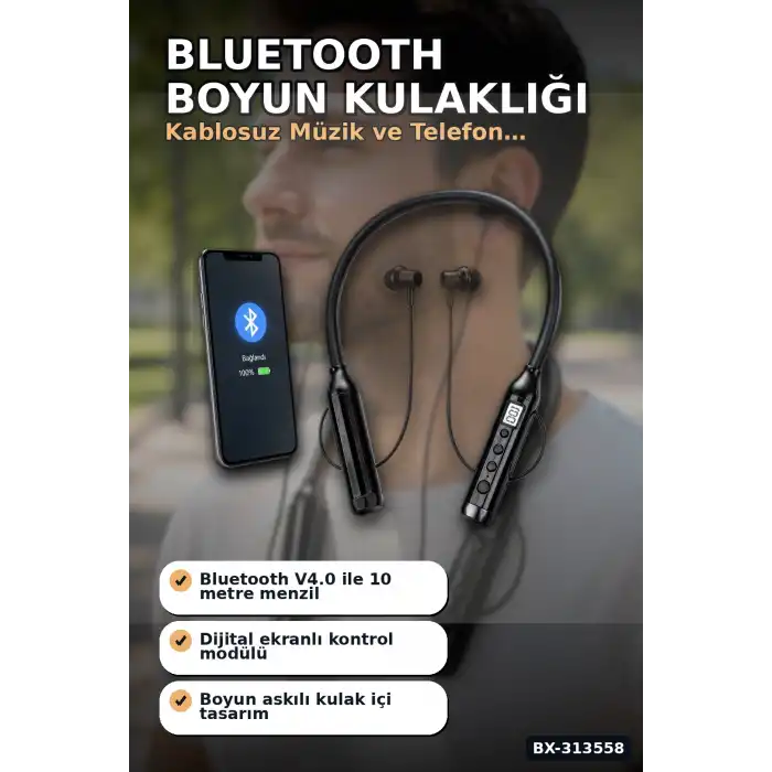 Çift Telefon Bağlantılı Titreşimli Bluetooth Boyun Kulaklığı 10m Menzil Mikrofonlu BX-313558