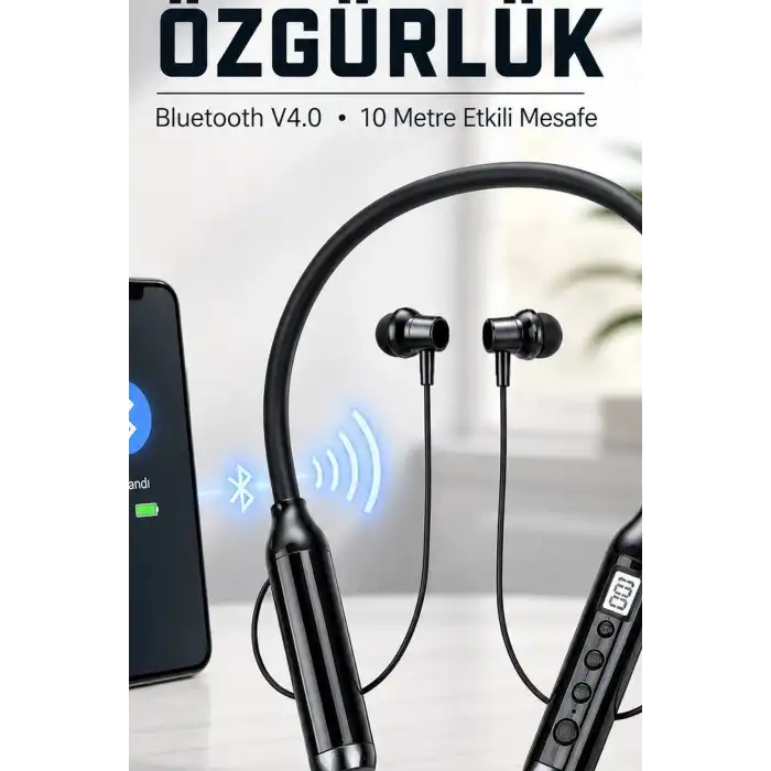 Çift Telefon Bağlantılı Titreşimli Bluetooth Boyun Kulaklığı 10m Menzil Mikrofonlu BX-313558