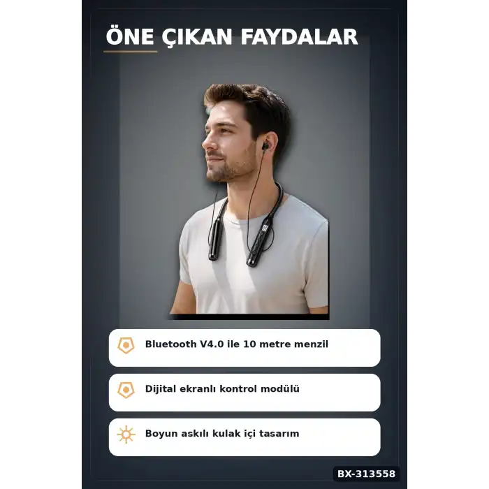 Çift Telefon Bağlantılı Titreşimli Bluetooth Boyun Kulaklığı 10m Menzil Mikrofonlu BX-313558