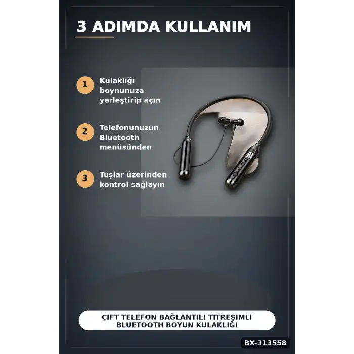 Çift Telefon Bağlantılı Titreşimli Bluetooth Boyun Kulaklığı 10m Menzil Mikrofonlu BX-313558