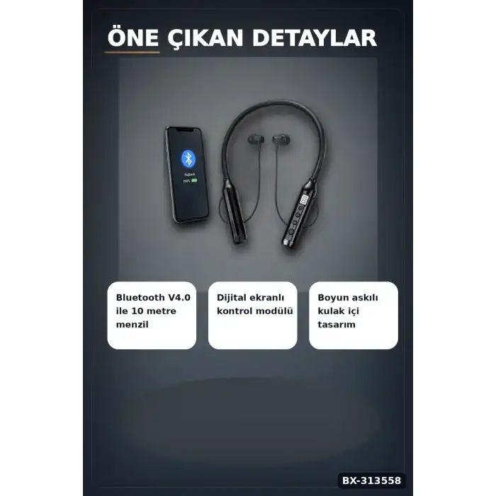 Çift Telefon Bağlantılı Titreşimli Bluetooth Boyun Kulaklığı 10m Menzil Mikrofonlu BX-313558