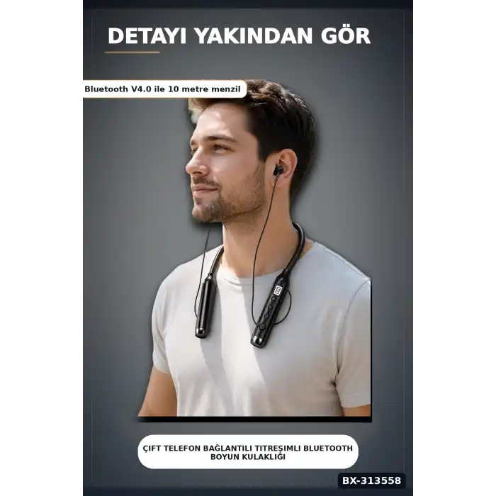Çift Telefon Bağlantılı Titreşimli Bluetooth Boyun Kulaklığı 10m Menzil Mikrofonlu BX-313558