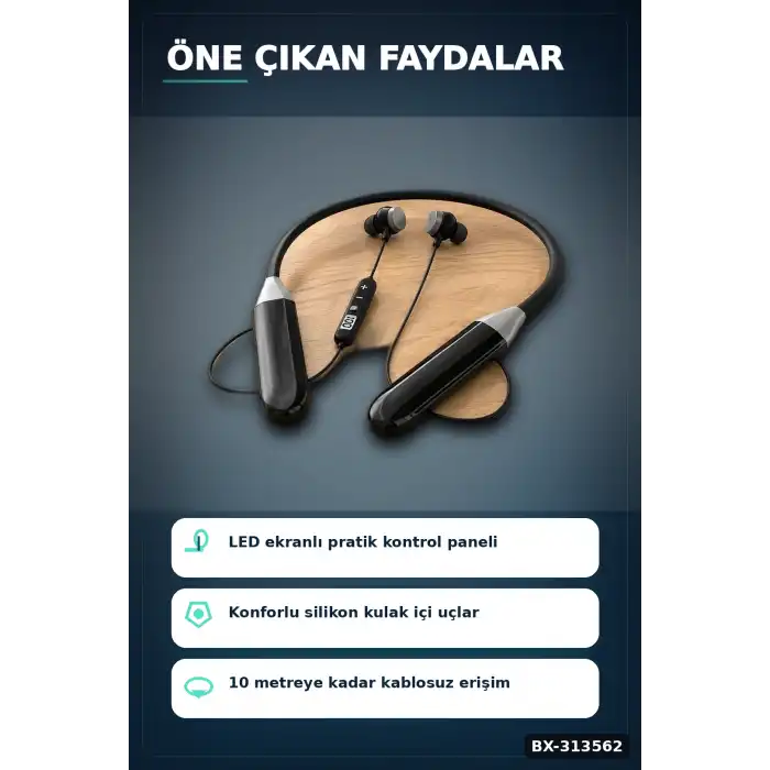 Kulak Ici Bluetooth Kulaklik Mikrofonlu Boyun Bantli Kablosuz Ses Kontrol 1 Adet BX-313562