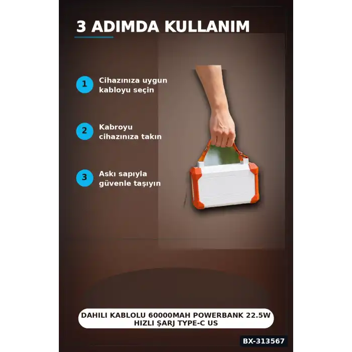 Dahili Kablolu 60000mAh Powerbank 22.5W Hızlı Şarj Type-C USB Çıkışlı Dijital Göstergeli BX-313567