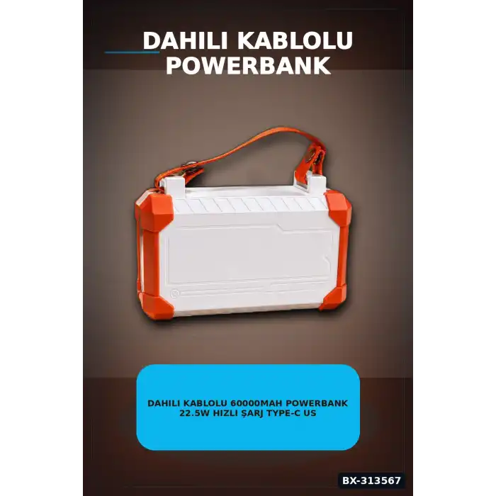 Dahili Kablolu 60000mAh Powerbank 22.5W Hızlı Şarj Type-C USB Çıkışlı Dijital Göstergeli BX-313567