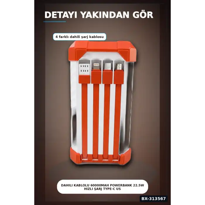 Dahili Kablolu 60000mAh Powerbank 22.5W Hızlı Şarj Type-C USB Çıkışlı Dijital Göstergeli BX-313567