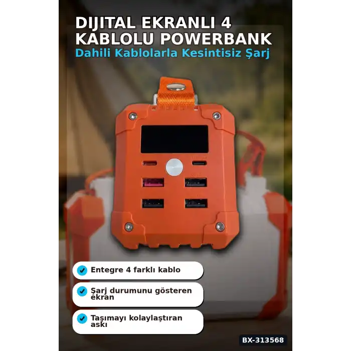 Dijital Ekranli 60000mAh 4 Kablolu Powerbank 22.5W Hizli Sarj Coklu Cikisli BX-313568