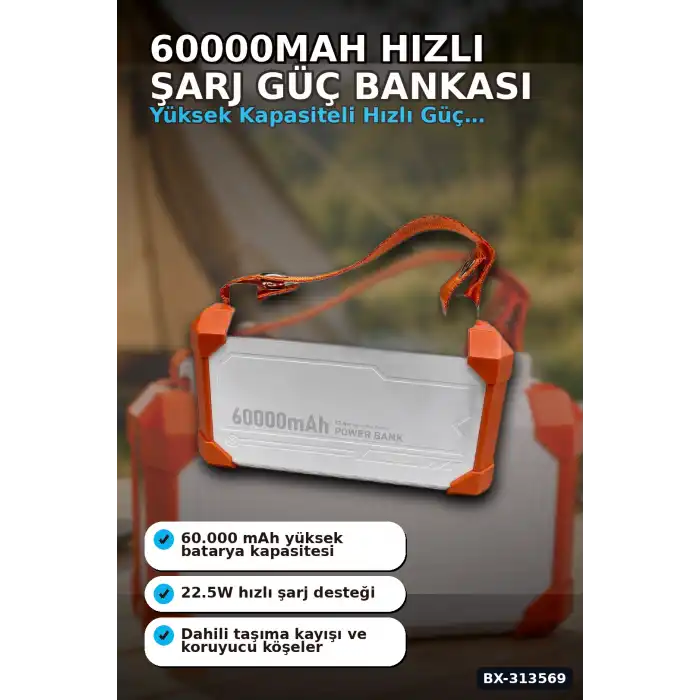 Entegre Kablolu 60000mAh 22.5W Hızlı Şarj Powerbank - Çoklu USB-C Çıkışlı Güç Bankası BX-313569
