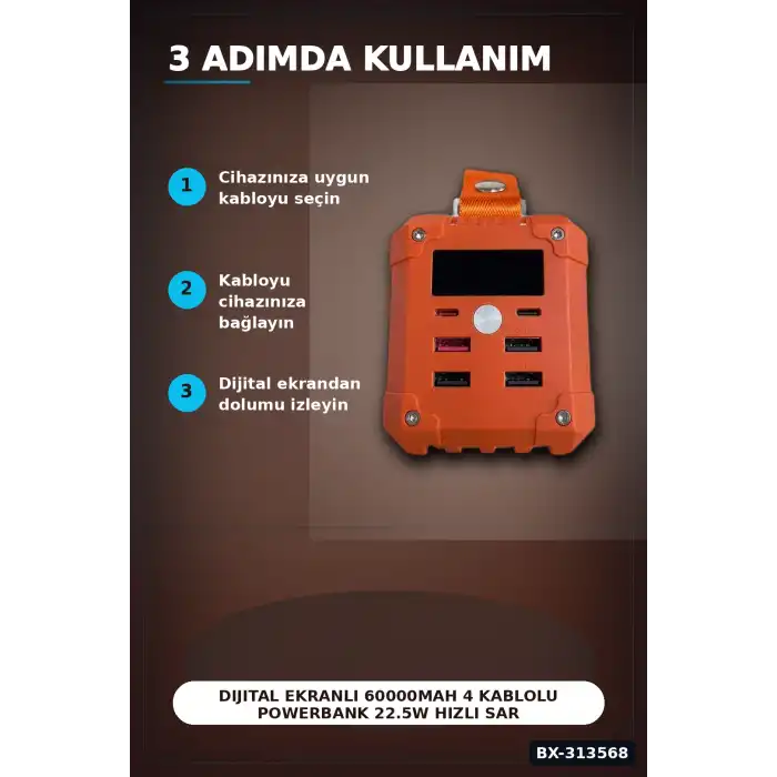 Dijital Ekranli 60000mAh 4 Kablolu Powerbank 22.5W Hizli Sarj Coklu Cikisli BX-313568