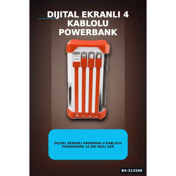 Dijital Ekranli 60000mAh 4 Kablolu Powerbank 22.5W Hizli Sarj Coklu Cikisli BX-313568