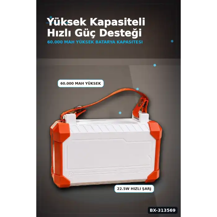 Entegre Kablolu 60000mAh 22.5W Hızlı Şarj Powerbank - Çoklu USB-C Çıkışlı Güç Bankası BX-313569