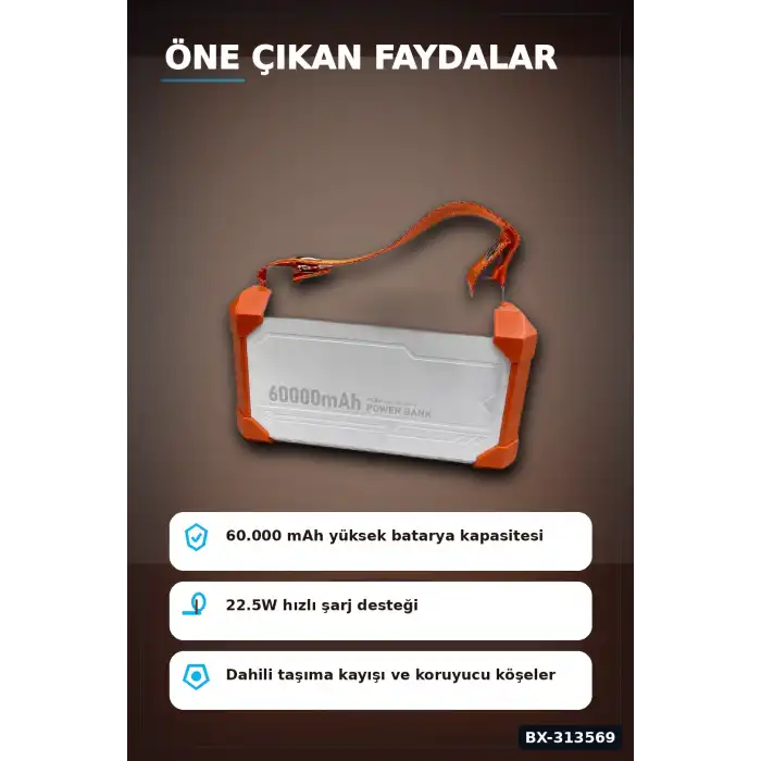 Entegre Kablolu 60000mAh 22.5W Hızlı Şarj Powerbank - Çoklu USB-C Çıkışlı Güç Bankası BX-313569