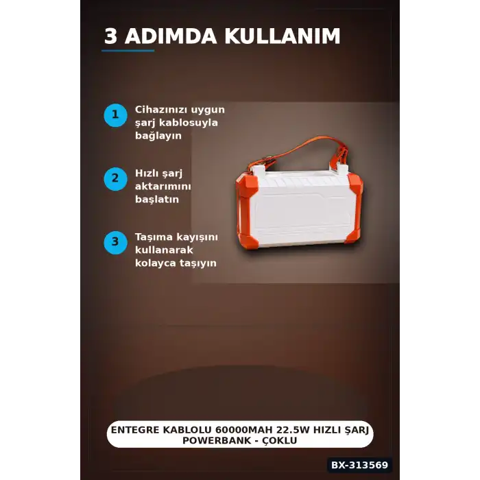 Entegre Kablolu 60000mAh 22.5W Hızlı Şarj Powerbank - Çoklu USB-C Çıkışlı Güç Bankası BX-313569