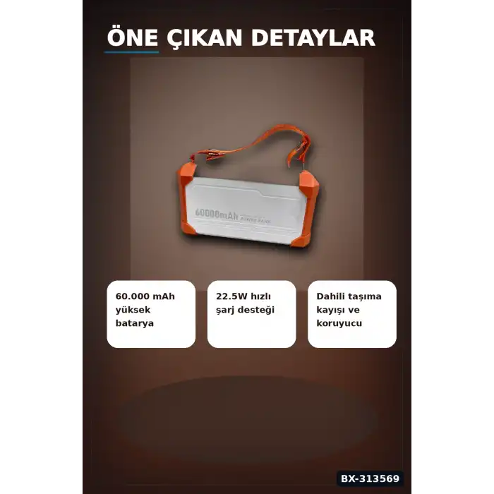 Entegre Kablolu 60000mAh 22.5W Hızlı Şarj Powerbank - Çoklu USB-C Çıkışlı Güç Bankası BX-313569