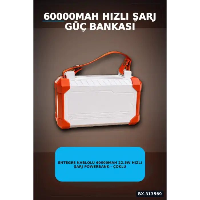 Entegre Kablolu 60000mAh 22.5W Hızlı Şarj Powerbank - Çoklu USB-C Çıkışlı Güç Bankası BX-313569