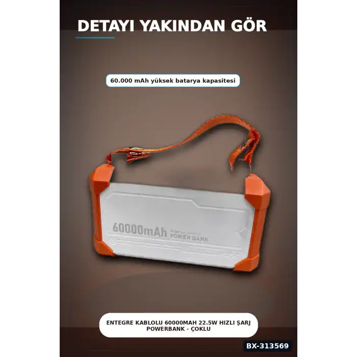 Entegre Kablolu 60000mAh 22.5W Hızlı Şarj Powerbank - Çoklu USB-C Çıkışlı Güç Bankası BX-313569