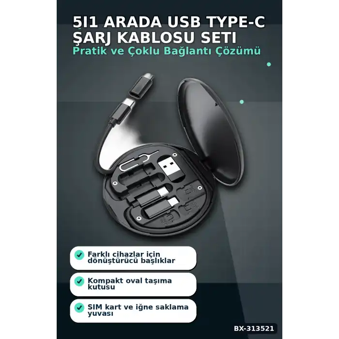 Seyahat Icin 5i1 Arada USB Type-C Sarj Kablosu Seti 60W Destekli Kutulu BX-313521