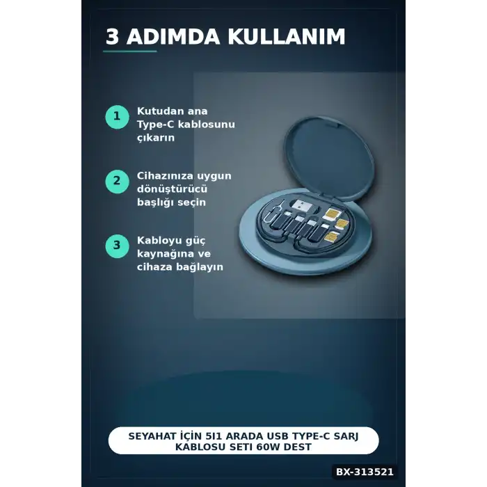Seyahat Icin 5i1 Arada USB Type-C Sarj Kablosu Seti 60W Destekli Kutulu BX-313521