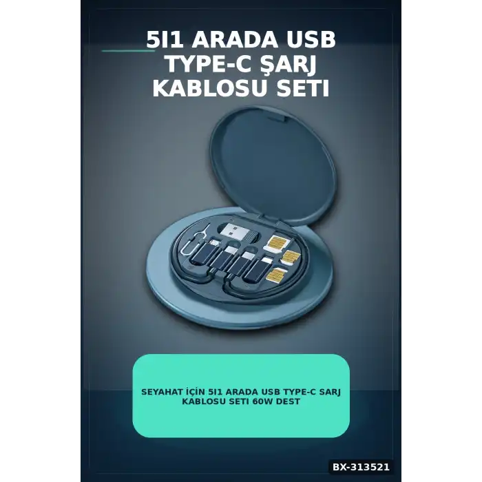 Seyahat Icin 5i1 Arada USB Type-C Sarj Kablosu Seti 60W Destekli Kutulu BX-313521