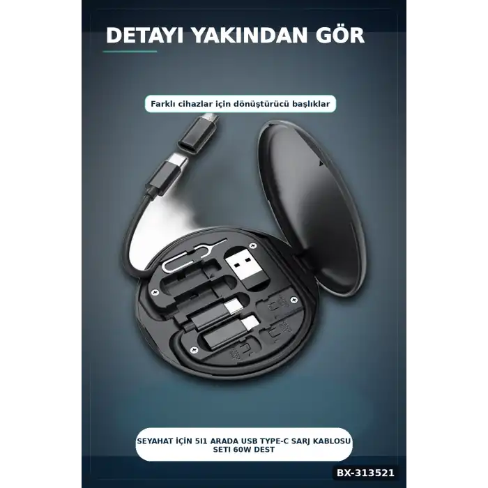 Seyahat Icin 5i1 Arada USB Type-C Sarj Kablosu Seti 60W Destekli Kutulu BX-313521