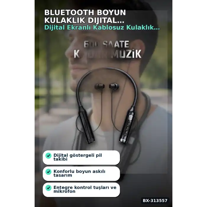 Bluetooth V4.0 Boyun Kulaklık 600 Saat Bekleme Dijital Göstergeli Çift Cihaz Bağlantılı BX-313557