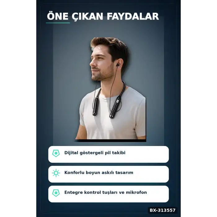 Bluetooth V4.0 Boyun Kulaklık 600 Saat Bekleme Dijital Göstergeli Çift Cihaz Bağlantılı BX-313557